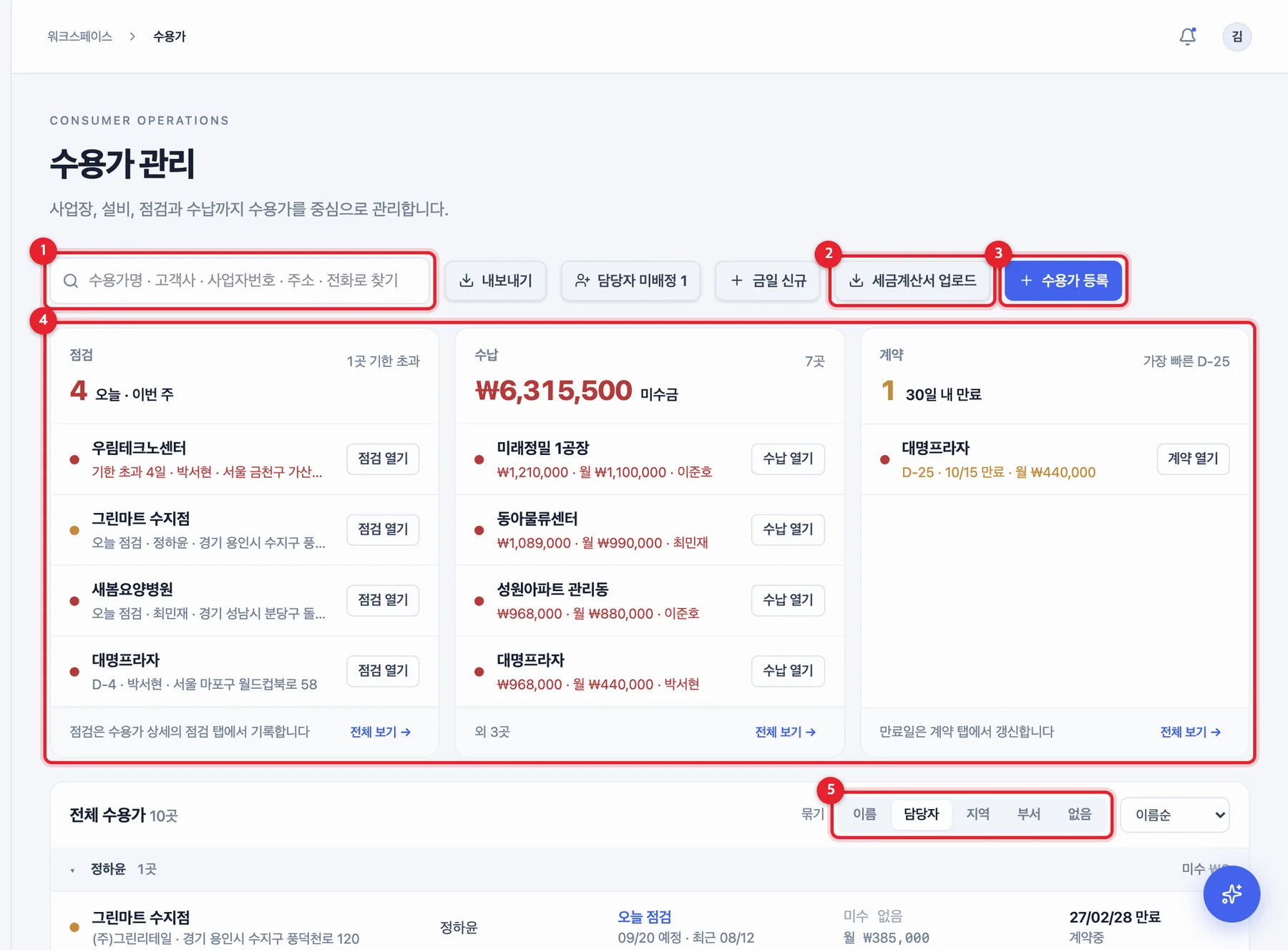 수용가 관리 화면